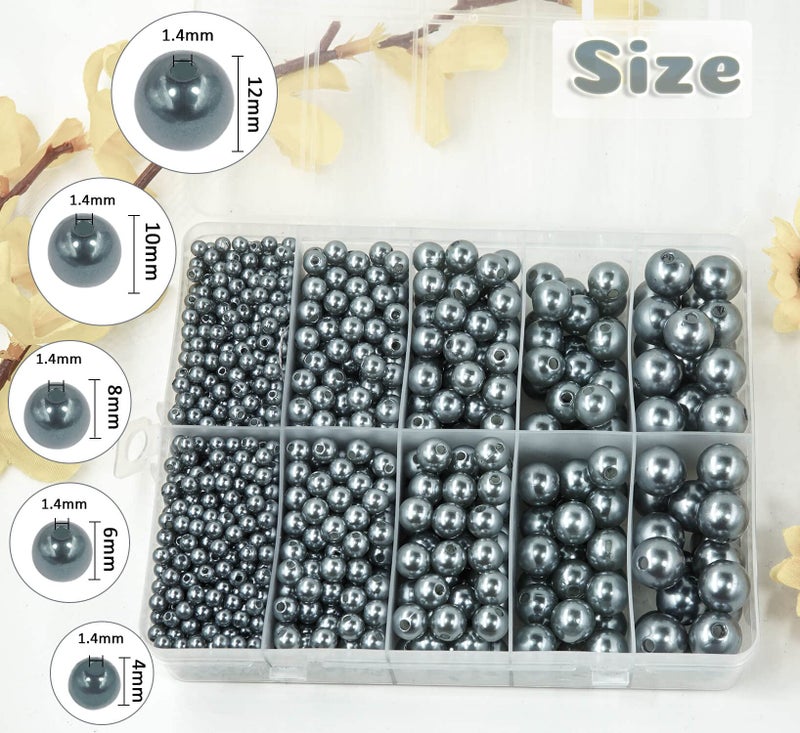Wavlakth Grey Pearl Beads for Jewelry Making  1750pcs Grey Pearl Craft Bead with Hole 4mm 6mm 8mm 10mm 12mm Loose Spacer Bead for Necklace Bracelet Earrings Ring Choker Wedding Dress Decor (Grey) - Image 2